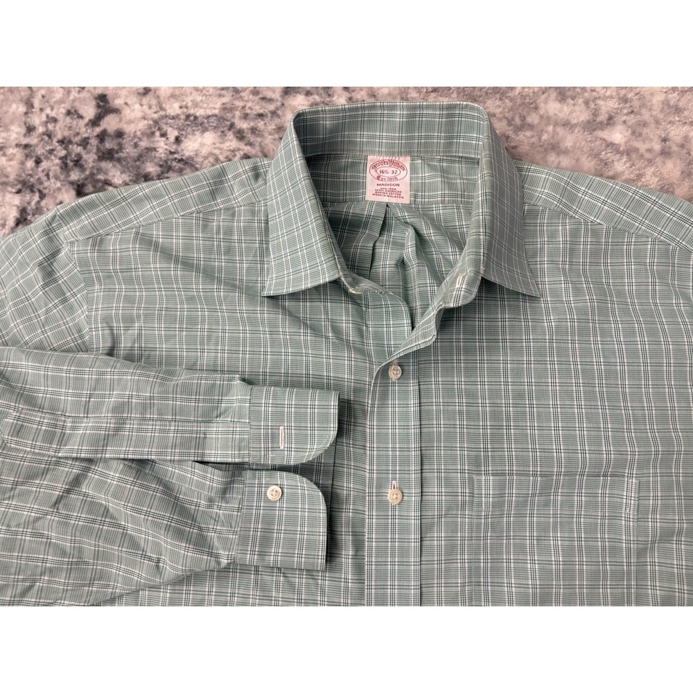 Brooks Brothers Madison Fit‎ Shirt Green Plaid Non Iron Stretch Supima 16.5-32